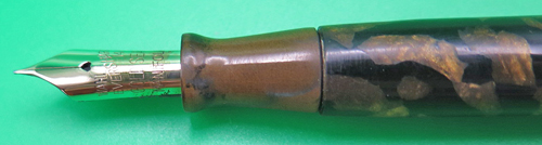 ITEM #6802 6854: WHAL/EVERSHARP GREEN/CLEAR/CREAM MARBLE DESK BASE. DORIC SOCKET IN BLACK WITH GOLD FILLED TRIM.